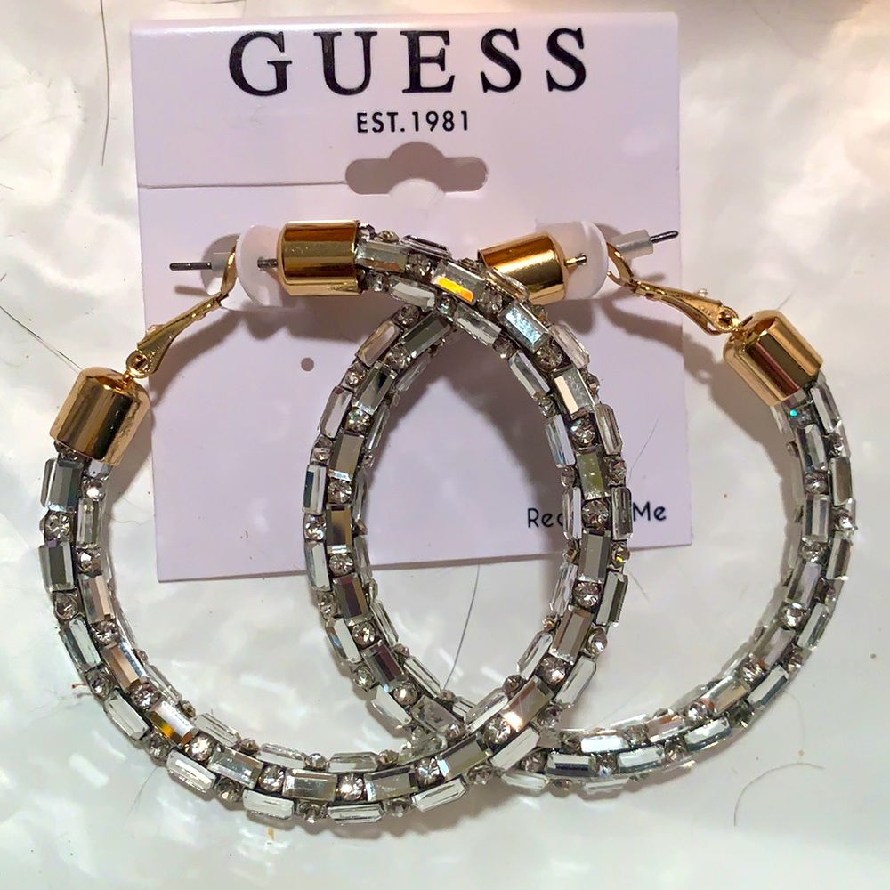 GUESS Medium Pave & Baguette Crystal Hoop Earrings Gold/Silver, 2”